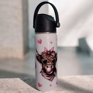 18 oz Highland Cow Blowing Bubbles Hearts Water Bottle Double Wall Stainless